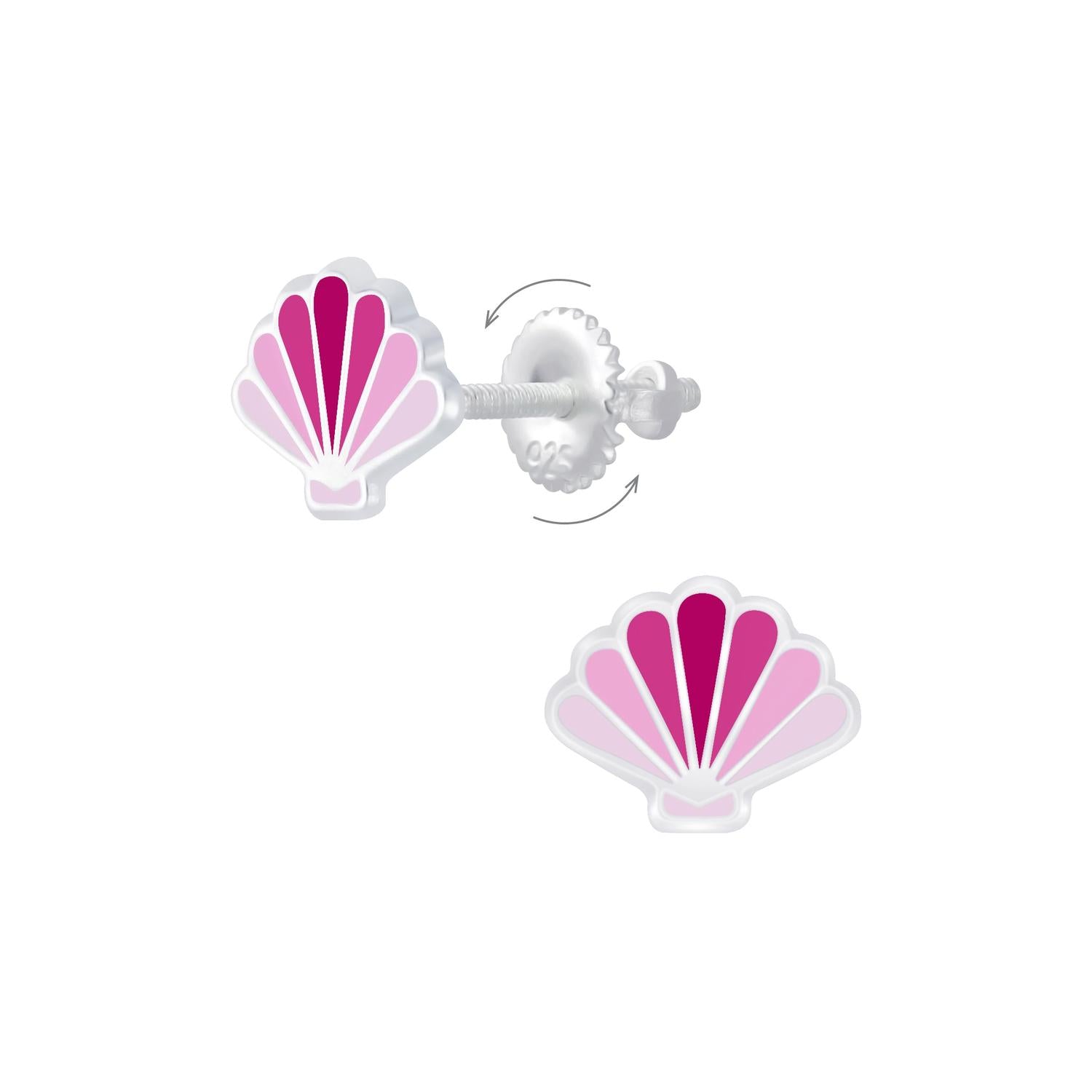 Pink shell screw back earrings for kids featuring bright and pastel pink shades by Melchior Jewellery