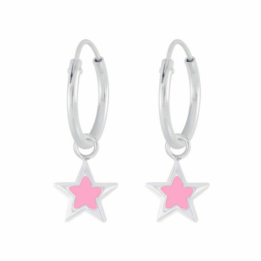 Melchior Jewellery pink star hoop earrings for kids with silver hoops and pink star charms