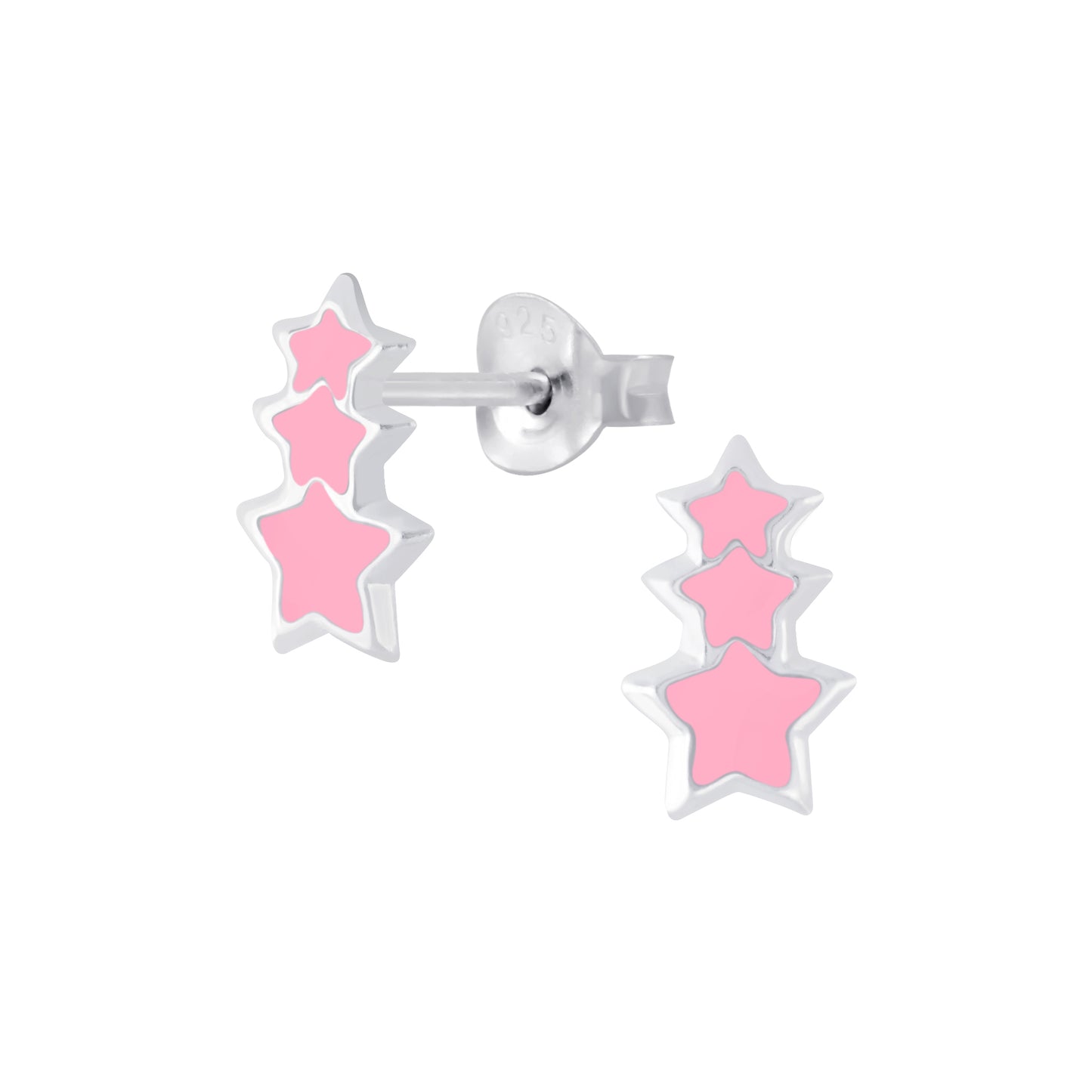 Melchior Jewellery pink star stud earrings for kids featuring three stacked stars in silver settings