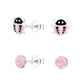 Melchior Jewellery pink stud earrings for kids featuring ladybird and swirl designs in sterling silver