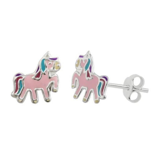 Melchior Jewellery pink unicorn stud earrings for kids silver enamel cute childrens stud pair
