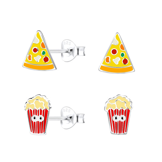 Melchior Jewellery childrens pizza and popcorn stud earrings in silver with colourful enamel details