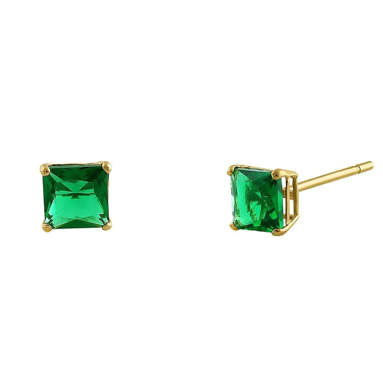 Gold stud princess cut emerald CZ earrings with vibrant green stones by Melchior Jewellery