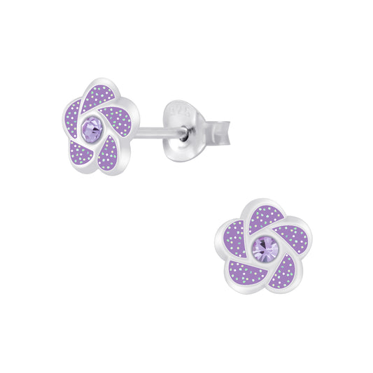 Purple flower stud earrings for kids by Melchior Jewellery with silver tone and purple gemstone centre