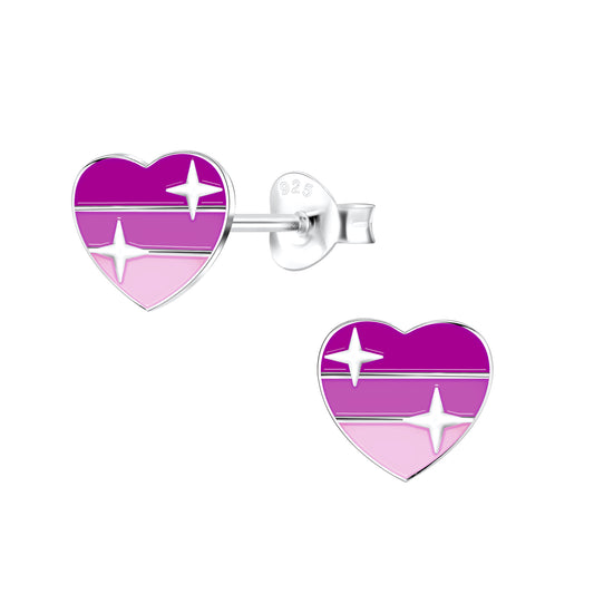 Purple heart stud earrings for kids by Melchior Jewellery with silver detailing and vibrant purple shades
