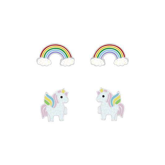 Rainbow and unicorn earrings set for children from Melchior Jewellery with colourful playful designs