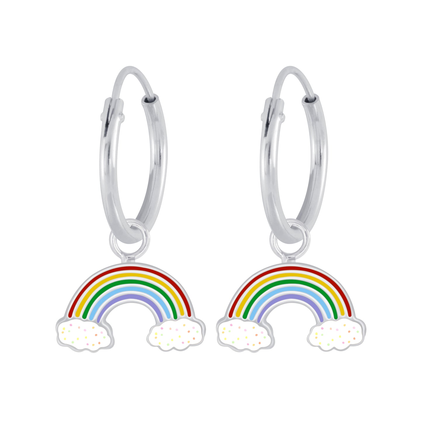 Melchior Jewellery rainbow hoop earrings for girls featuring silver hoops with colourful rainbow and cloud charms