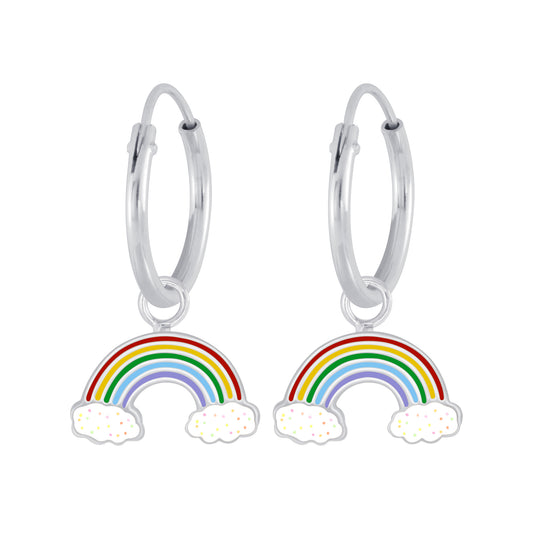 Melchior Jewellery rainbow hoop earrings for girls featuring silver hoops with colourful rainbow and cloud charms