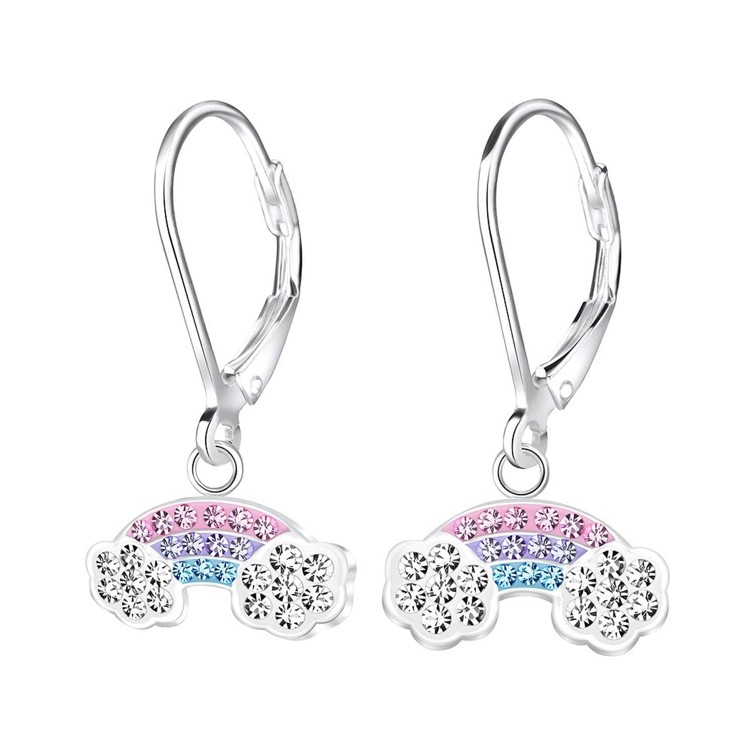 Melchior Jewellery childrens Rainbow Leverback Earrings with pink, purple, and blue crystals and silver finish
