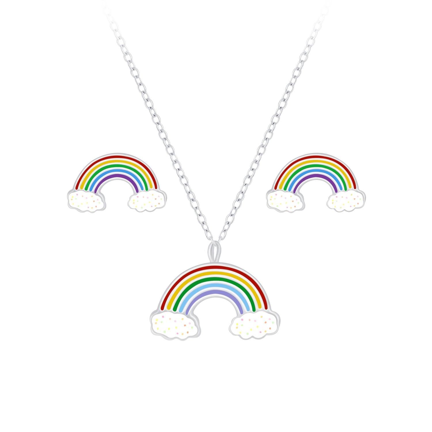 Melchior Jewellery rainbow necklace and earrings for children with colourful cloud design