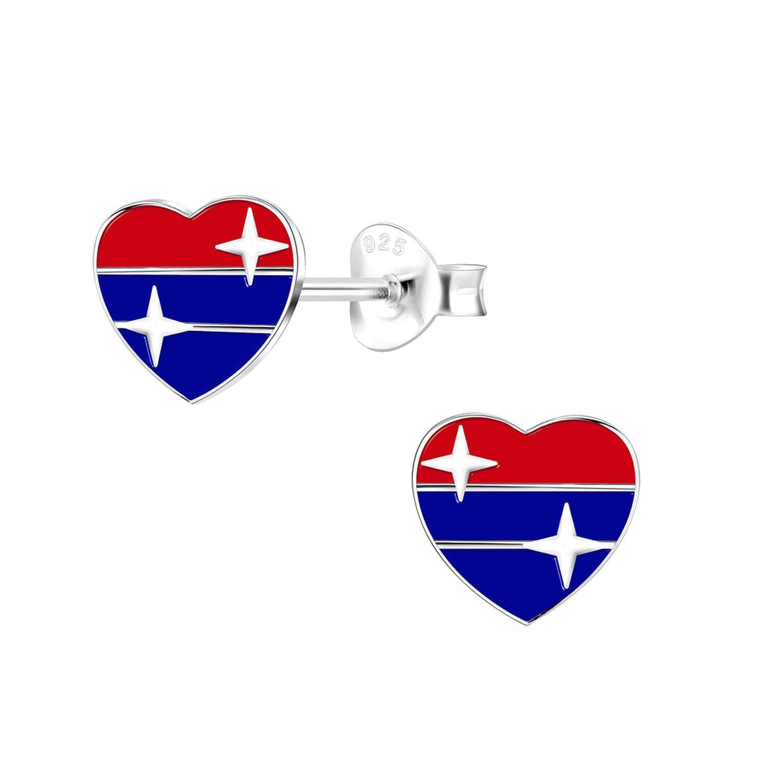 Red and blue heart stud earrings for kids by Melchior Jewellery with silver detailing