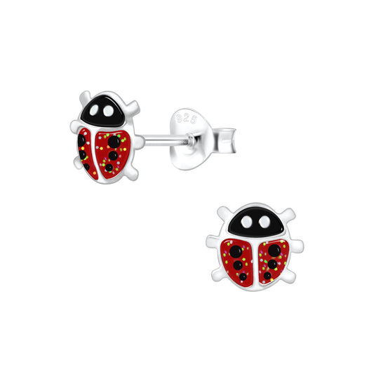 Melchior Jewellery red glitter ladybird stud earrings for children in silver with black and red detailing
