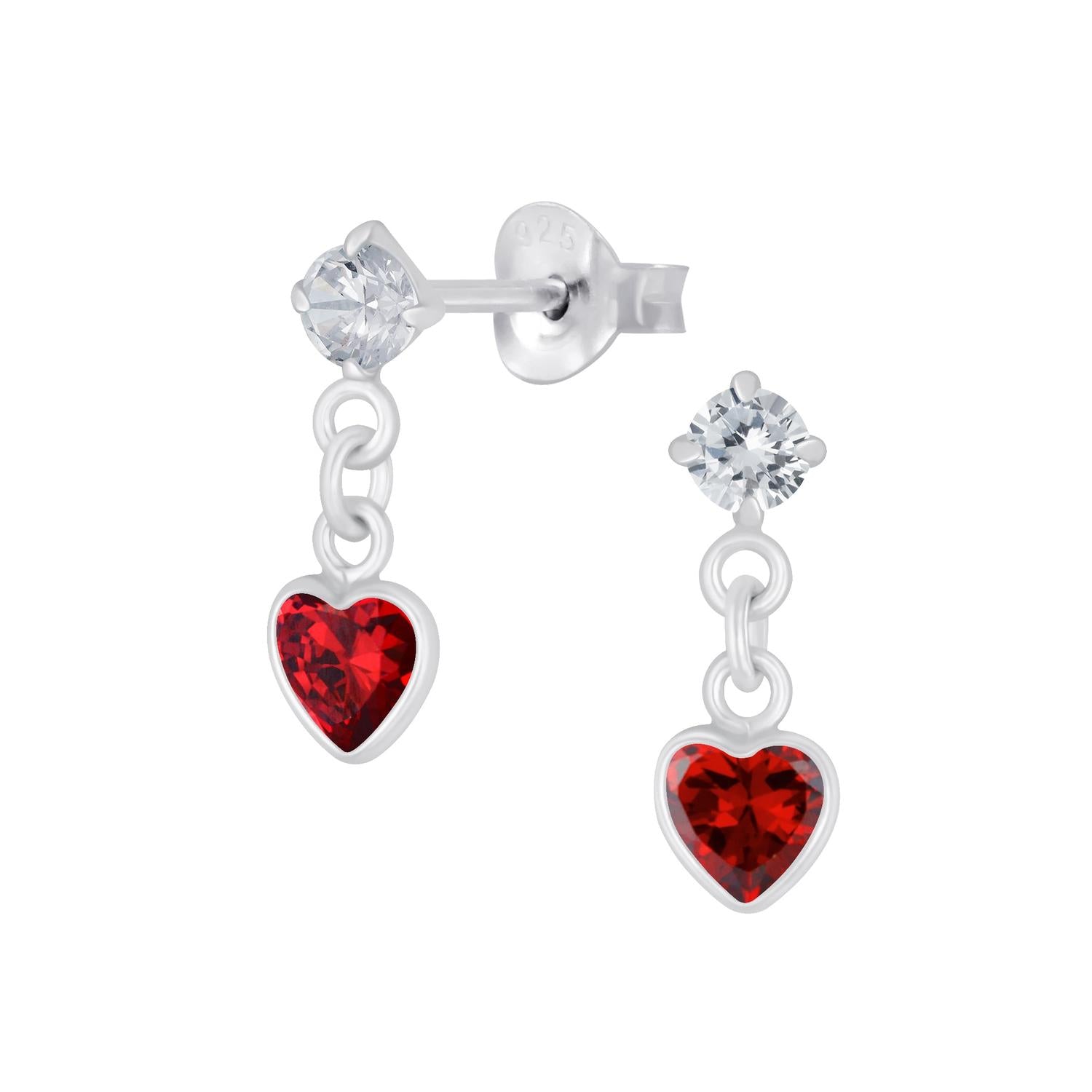 Melchior Jewellery red heart cubic zirconia earrings for kids with silver setting and clear stones