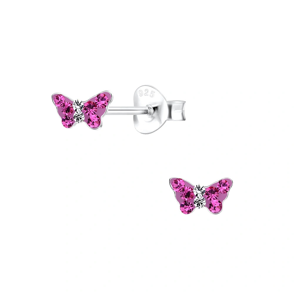 Rose pink butterfly stud earrings for kids by Melchior Jewellery in sterling silver