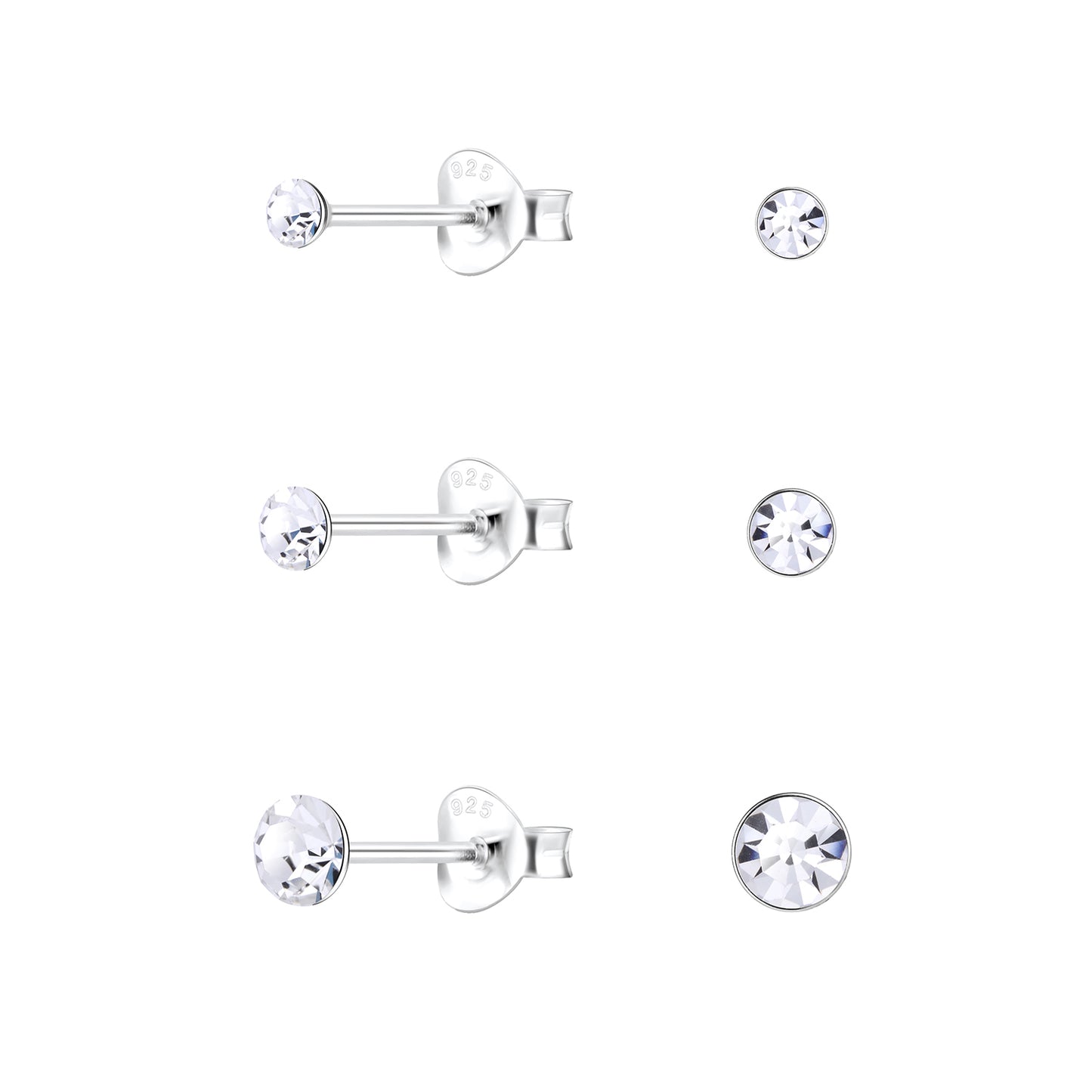 Melchior Jewellery childrens round crystal stud earrings set in three sizes with silver posts