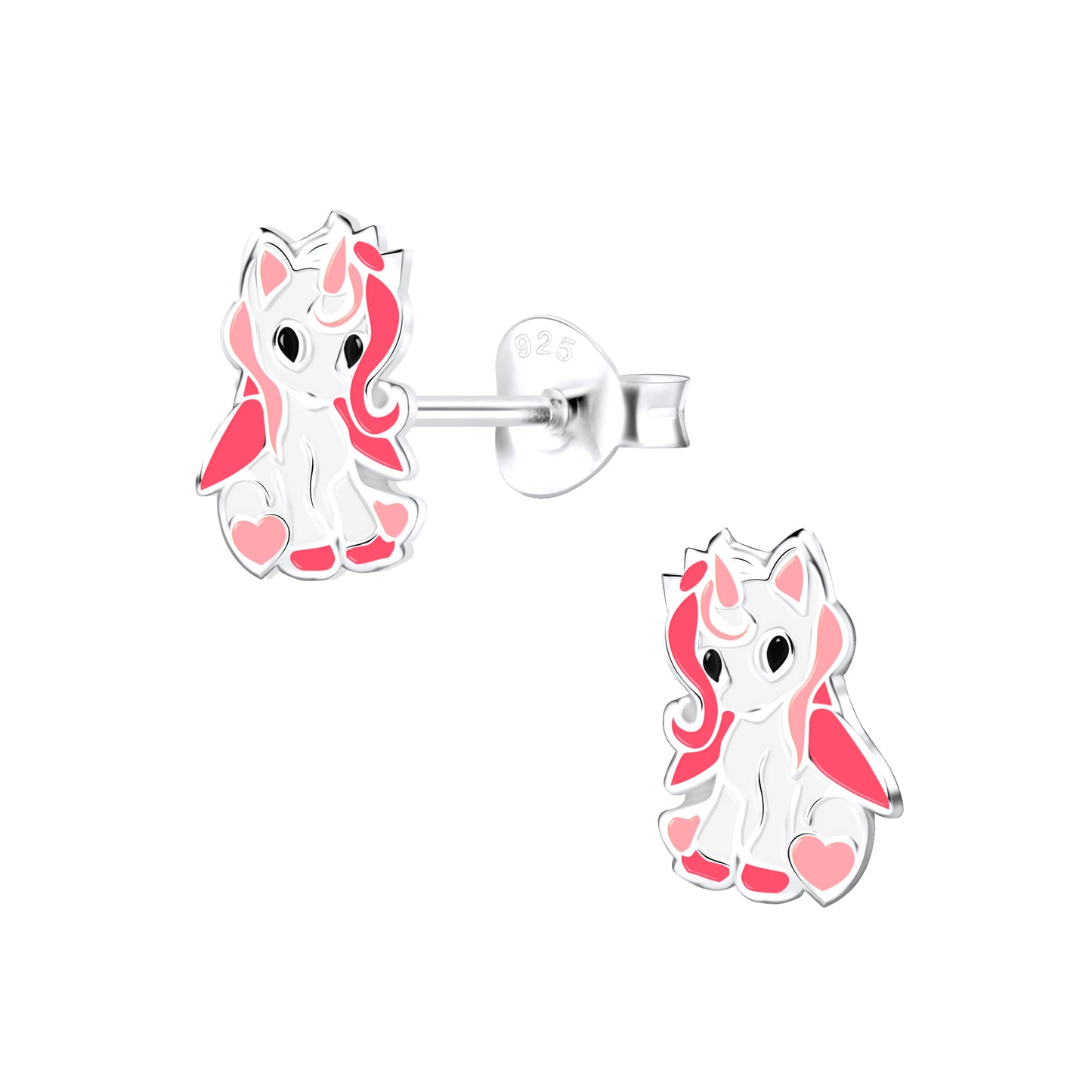 Safe silver unicorn earrings for little girls by Melchior Jewellery with pink and white enamel detailing
