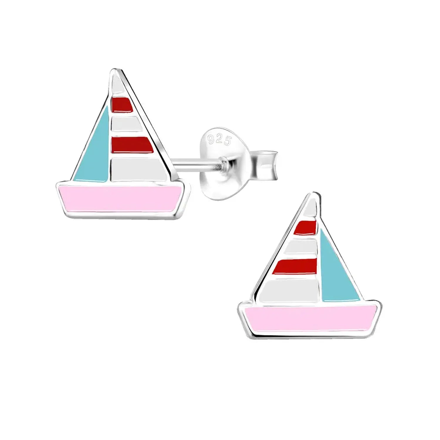 Melchior Jewellery Sailing Boat Stud Earrings for children with pink, red, white, and blue enamel details