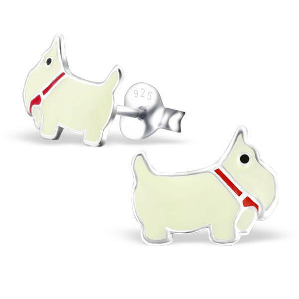 Melchior Jewellery scottie dog stud earrings for kids in silver with red collar detail