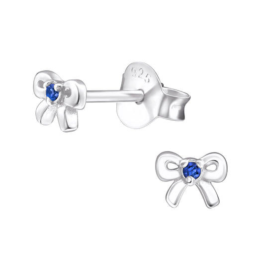 Melchior Jewellery September birthstone stud earrings for kids shaped like silver bows with blue stones