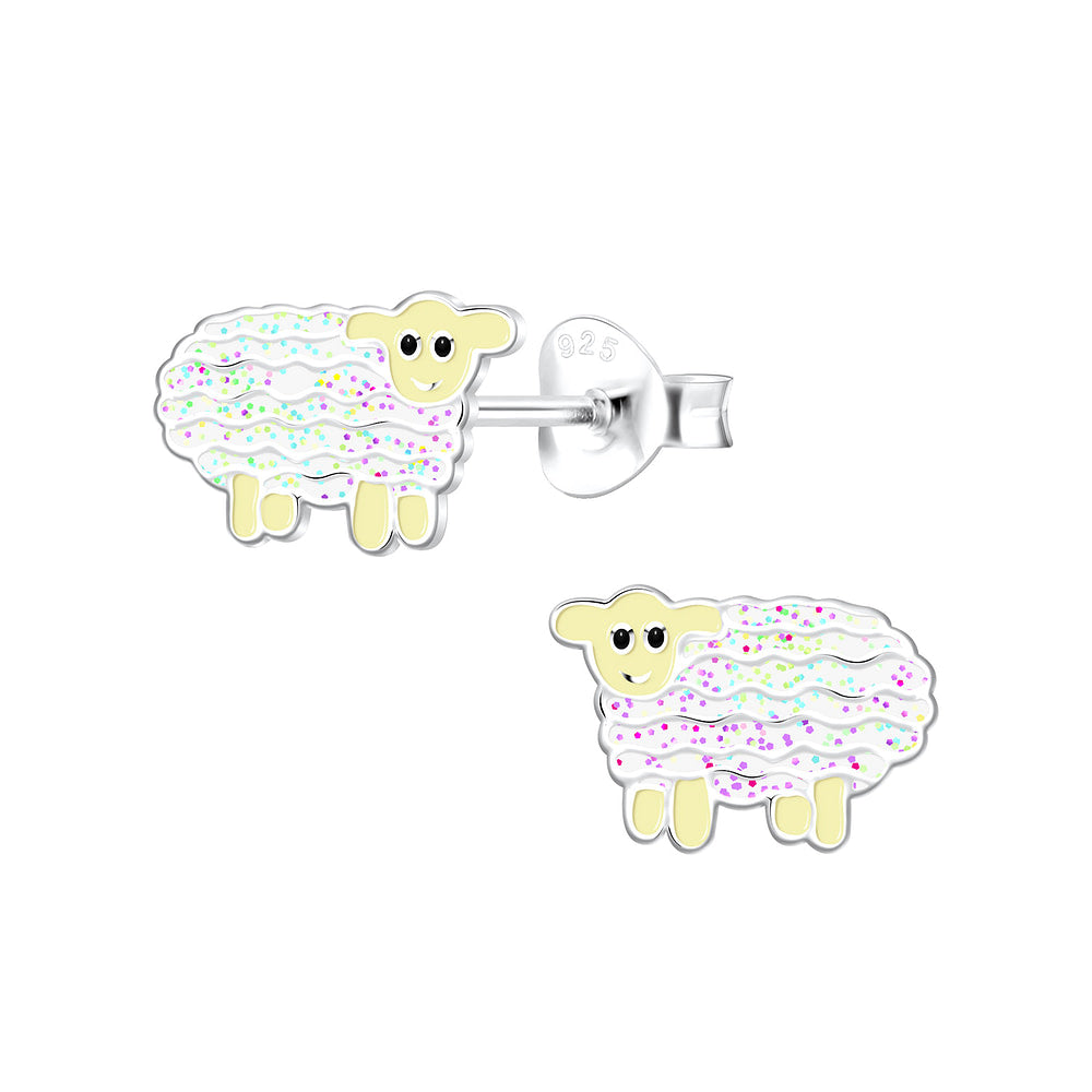 Melchior Jewellery sheep stud earrings for girls with glittery white wool and silver backing
