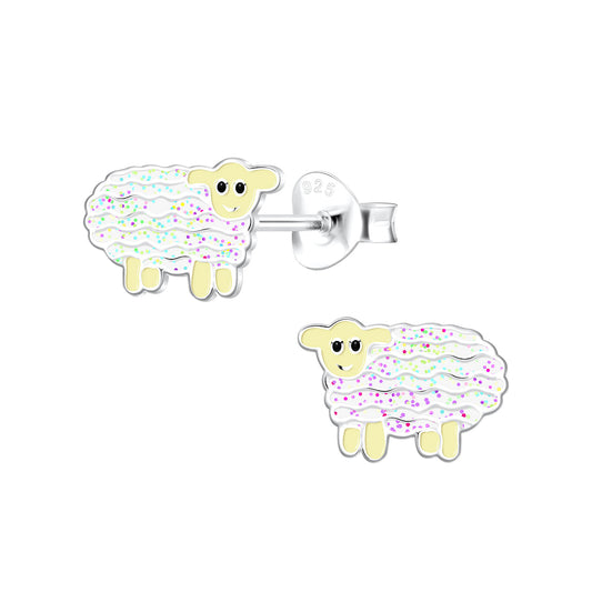 Melchior Jewellery sheep stud earrings for girls with glittery white wool and silver backing
