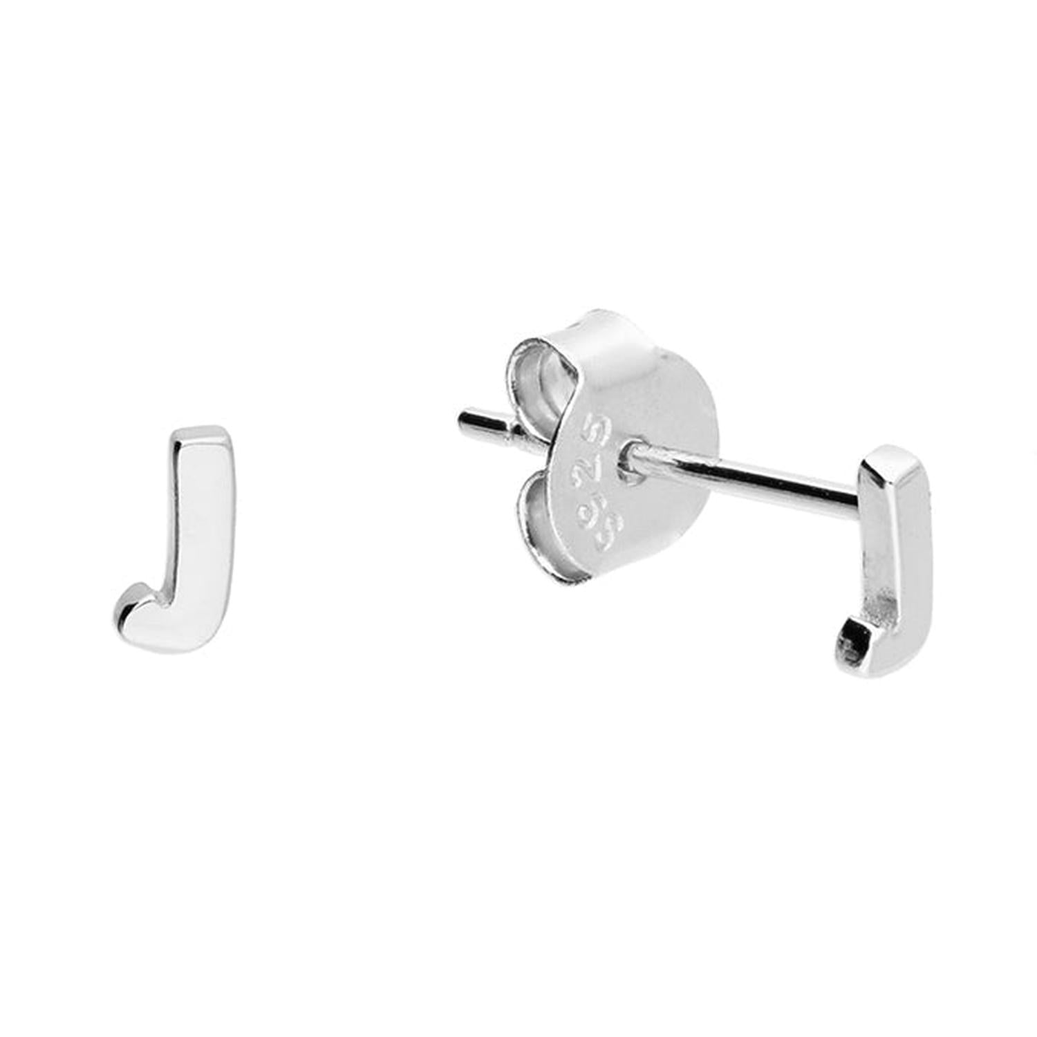Shiny silver alphabet letter J stud earrings for children by Melchior Jewellery with secure butterfly backs