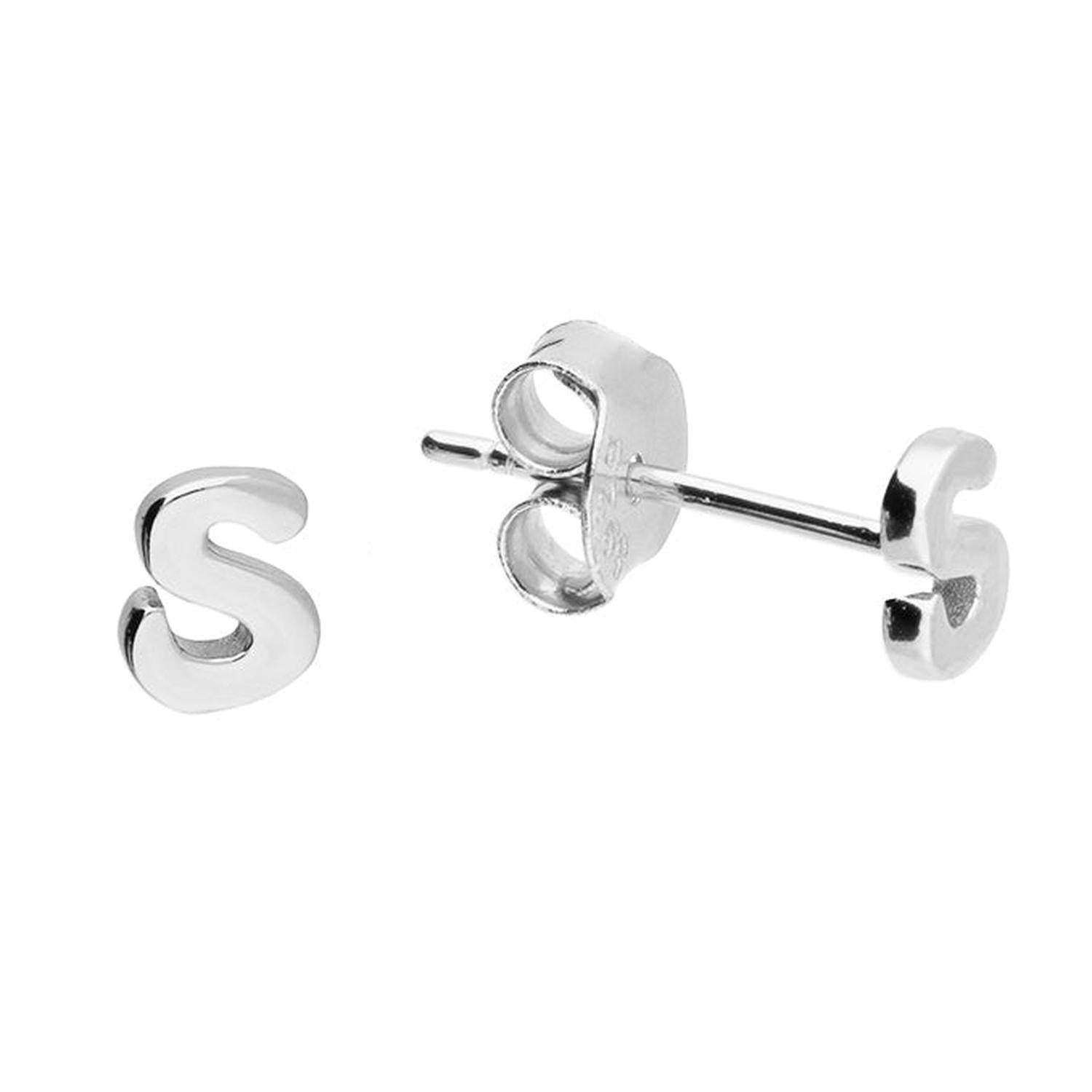 Melchior Jewellery silver alphabet letter stud earrings for children in polished silver S design