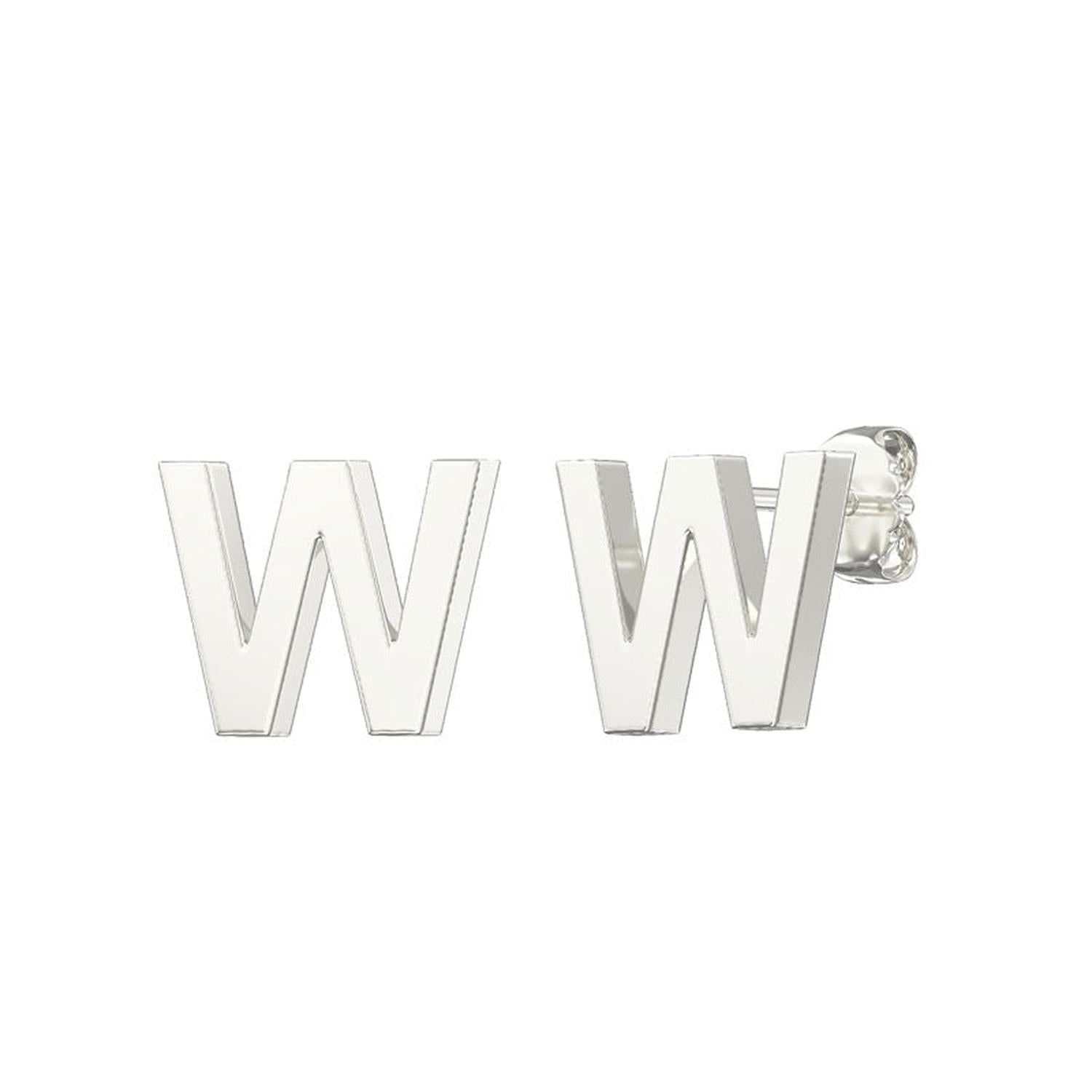 Melchior Jewellery silver alphabet letter W stud earrings in polished shiny silver finish for women