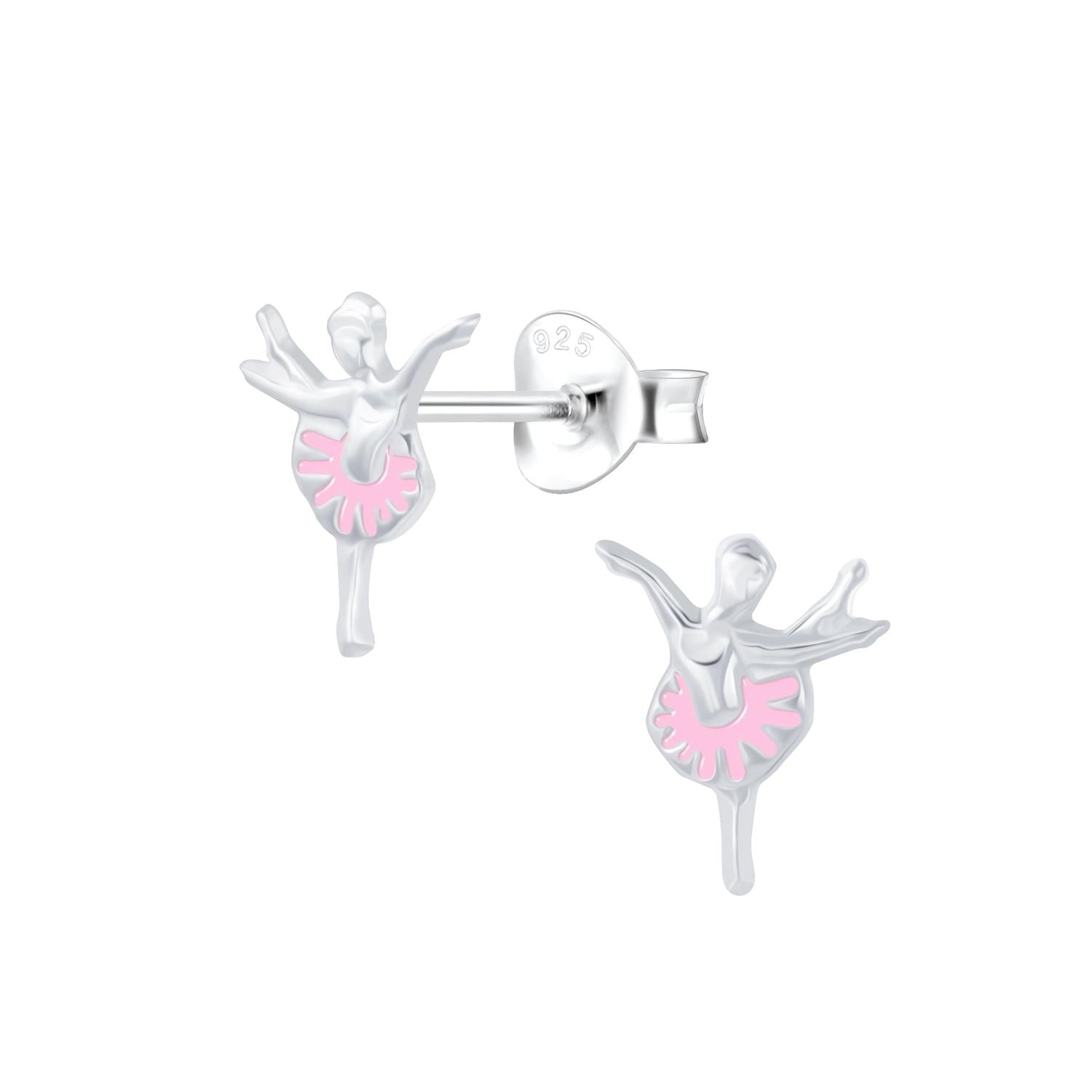 Silver ballerina earrings for girls by Melchior Jewellery featuring delicate pink tutu design