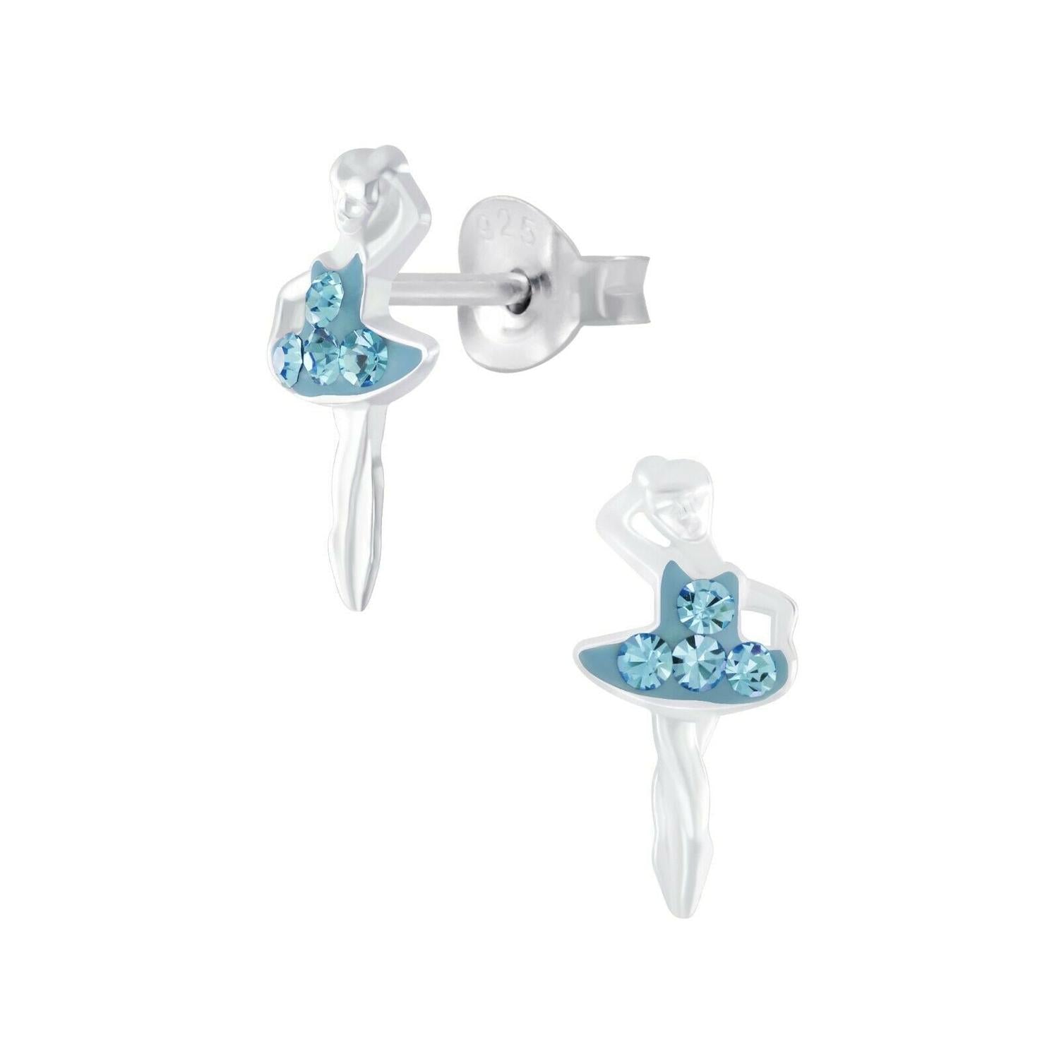 Silver ballet earrings for girls shaped like ballerinas with blue crystal dresses by Melchior Jewellery