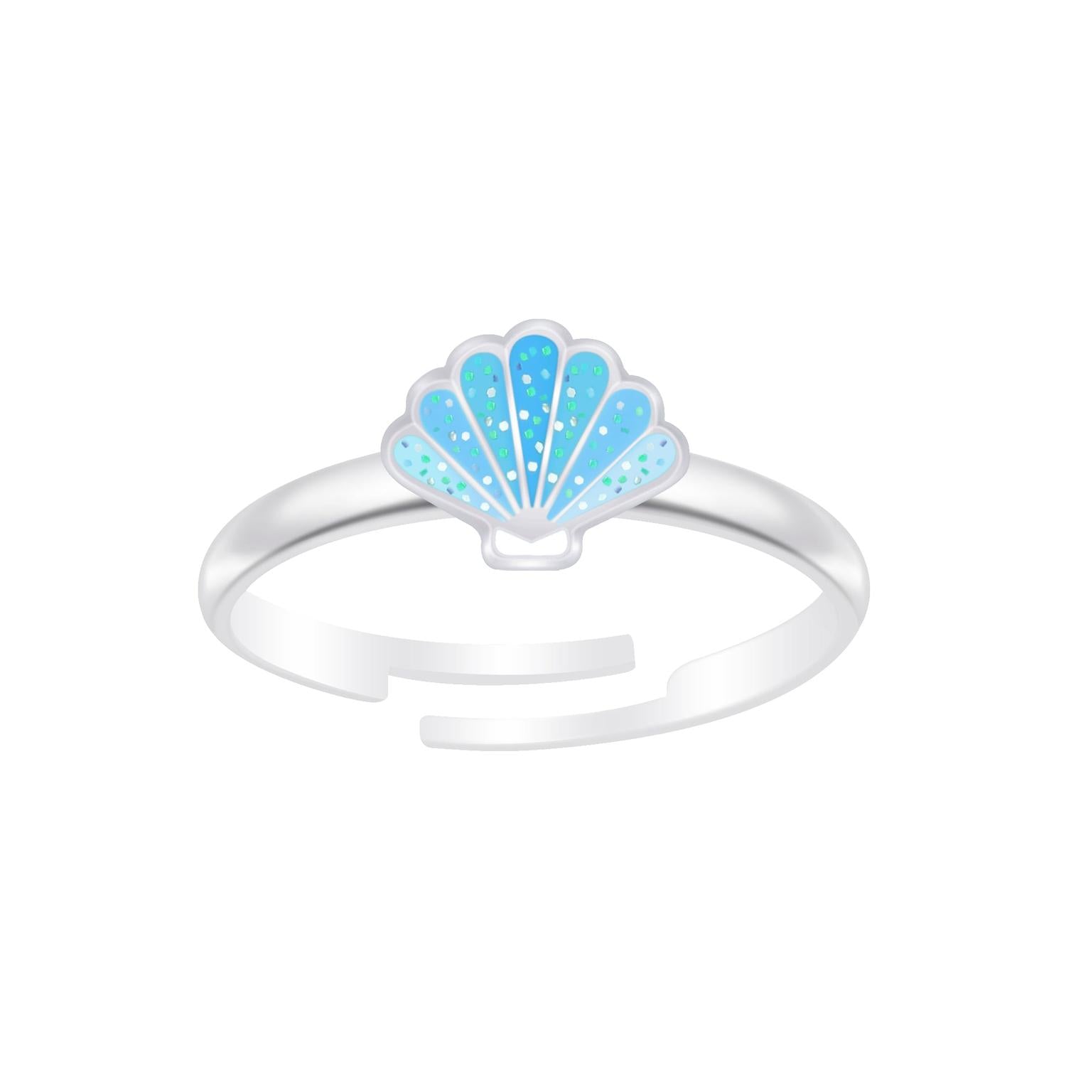 Melchior Jewellery childrens ring featuring Silver Blue Glitter Shell Ring design with adjustable band