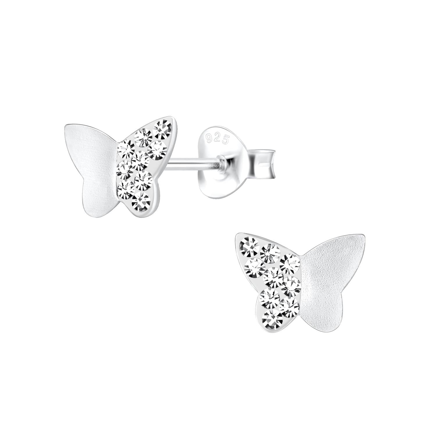 Silver clear crystal butterfly stud earrings for children with sparkling crystals and polished silver finish