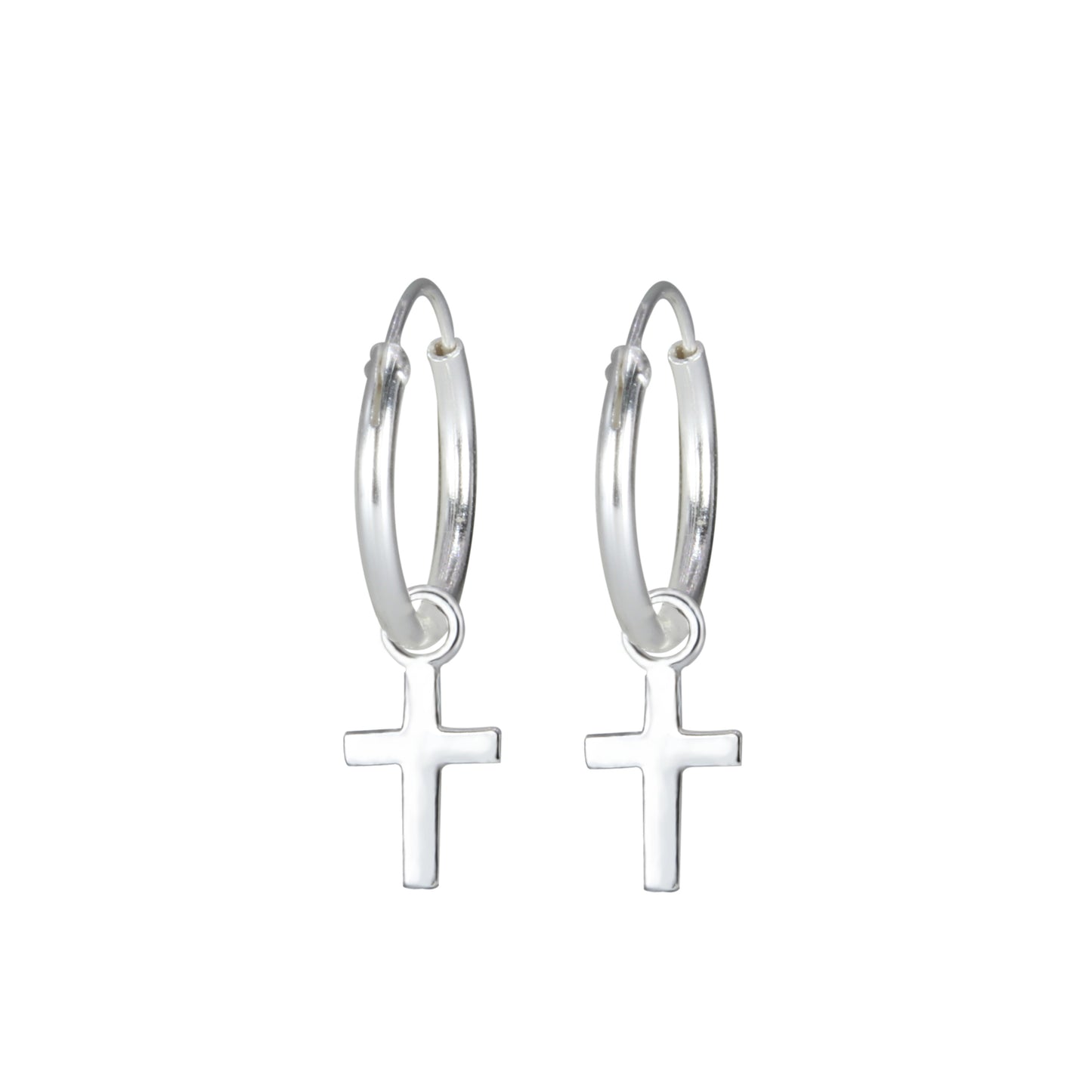 Silver cross charm earrings for girls by Melchior Jewellery with hoop design for children