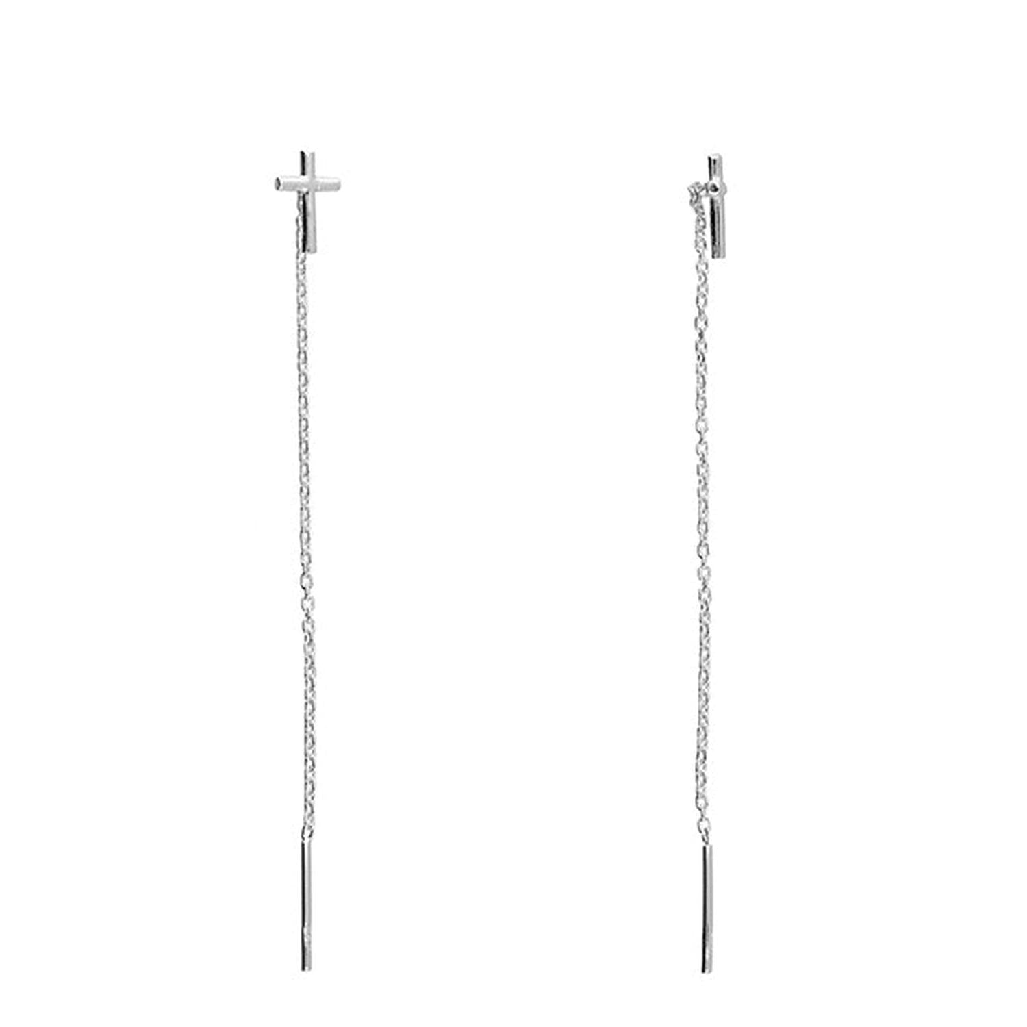 Melchior Jewellery Silver Cross Through Drop Earrings featuring slim silver chain and polished silver bar drop design