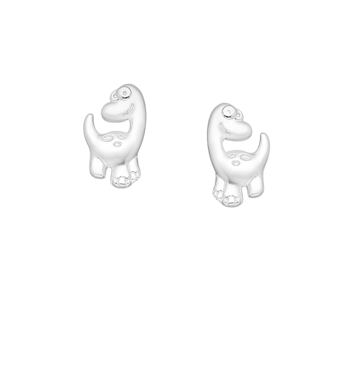 Silver dinosaur earrings for children by Melchior Jewellery shaped as cute playful dinosaurs