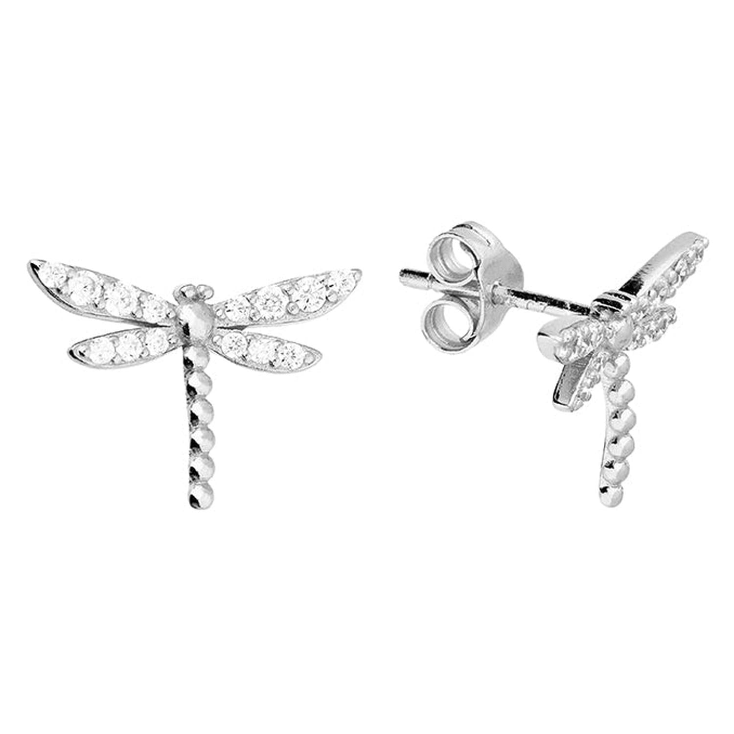 Melchior Jewellery Silver Dragonfly Stud Earrings with sparkling clear crystals on silver wings and beaded silver body