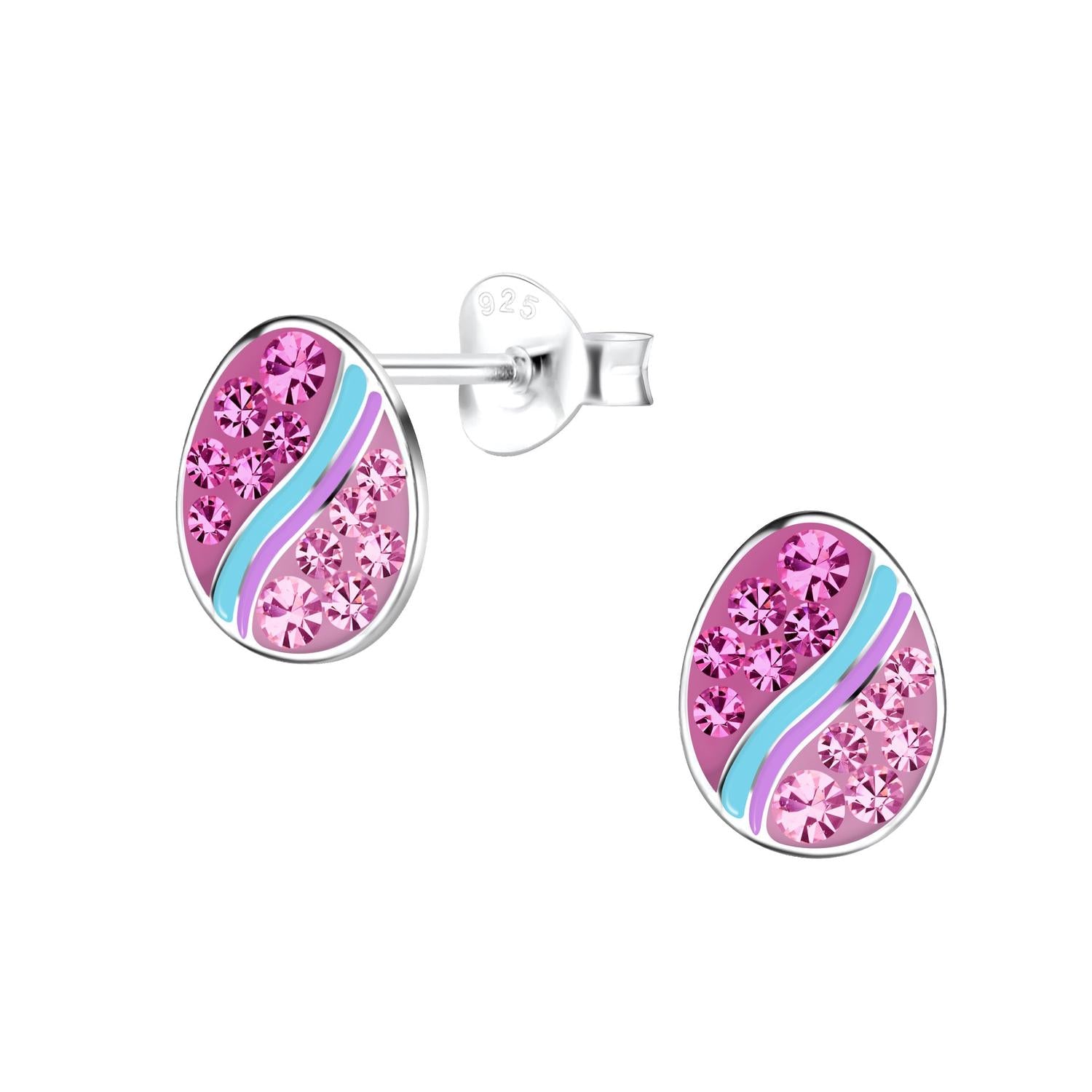 Melchior Jewellery SILVER Easter Egg Stud Earrings with pink crystals and blue enamel detail