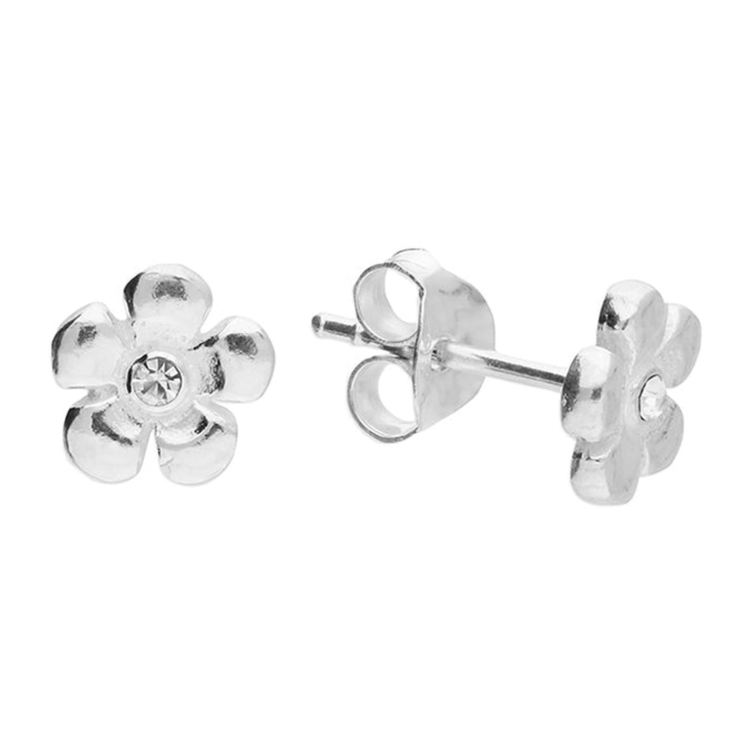 Melchior Jewellery silver flower stud earrings with five petals and a central crystal detail