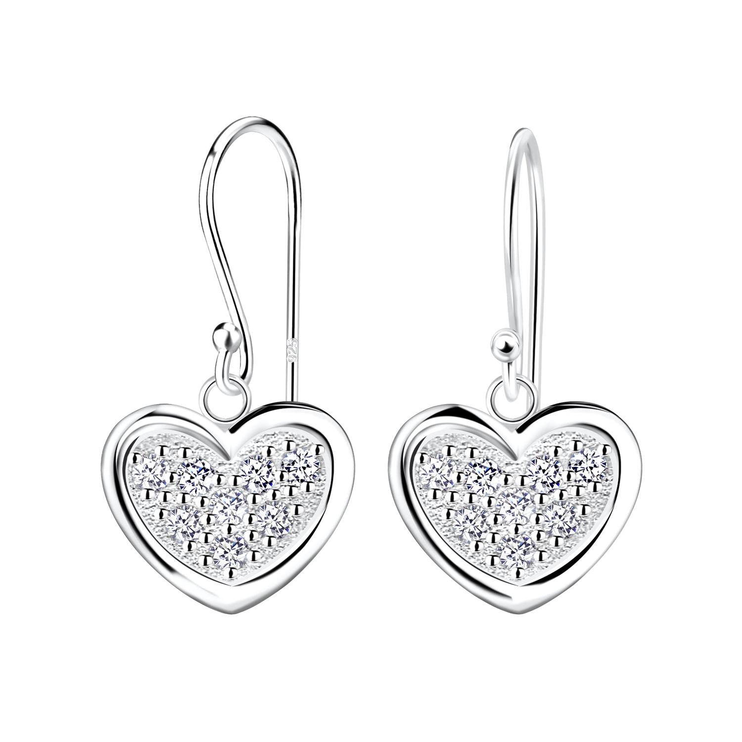 Melchior Jewellery silver heart drop earrings with sparkling clear crystals and polished silver finish