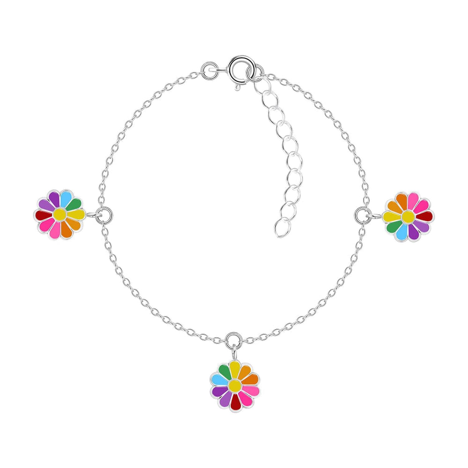 Silver Multi Coloured Flower Bracelet for kids by Melchior Jewellery with colourful flower charms on a delicate silver chain