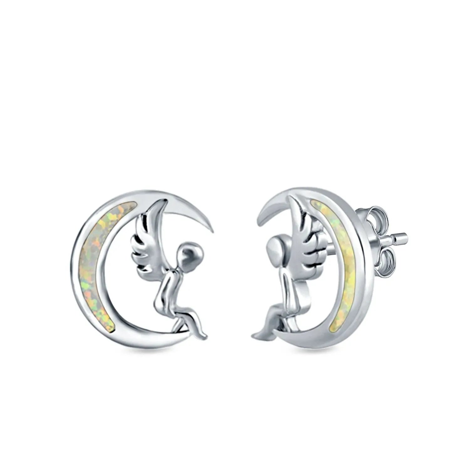 Melchior Jewellery Silver Opal Stud Earrings featuring angel figures sitting on crescent moons with iridescent opal inlay
