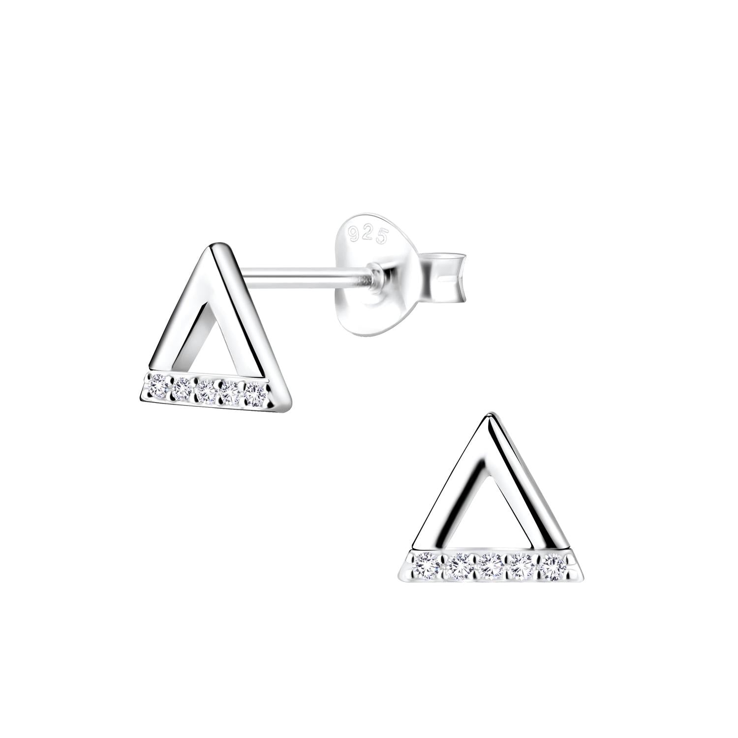 Melchior Jewellery silver open triangle stud earrings with clear crystal accents on the base