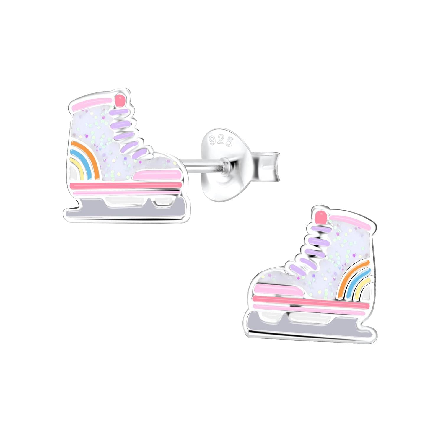 Silver roller skate earrings for girls by Melchior Jewellery with pink and rainbow details