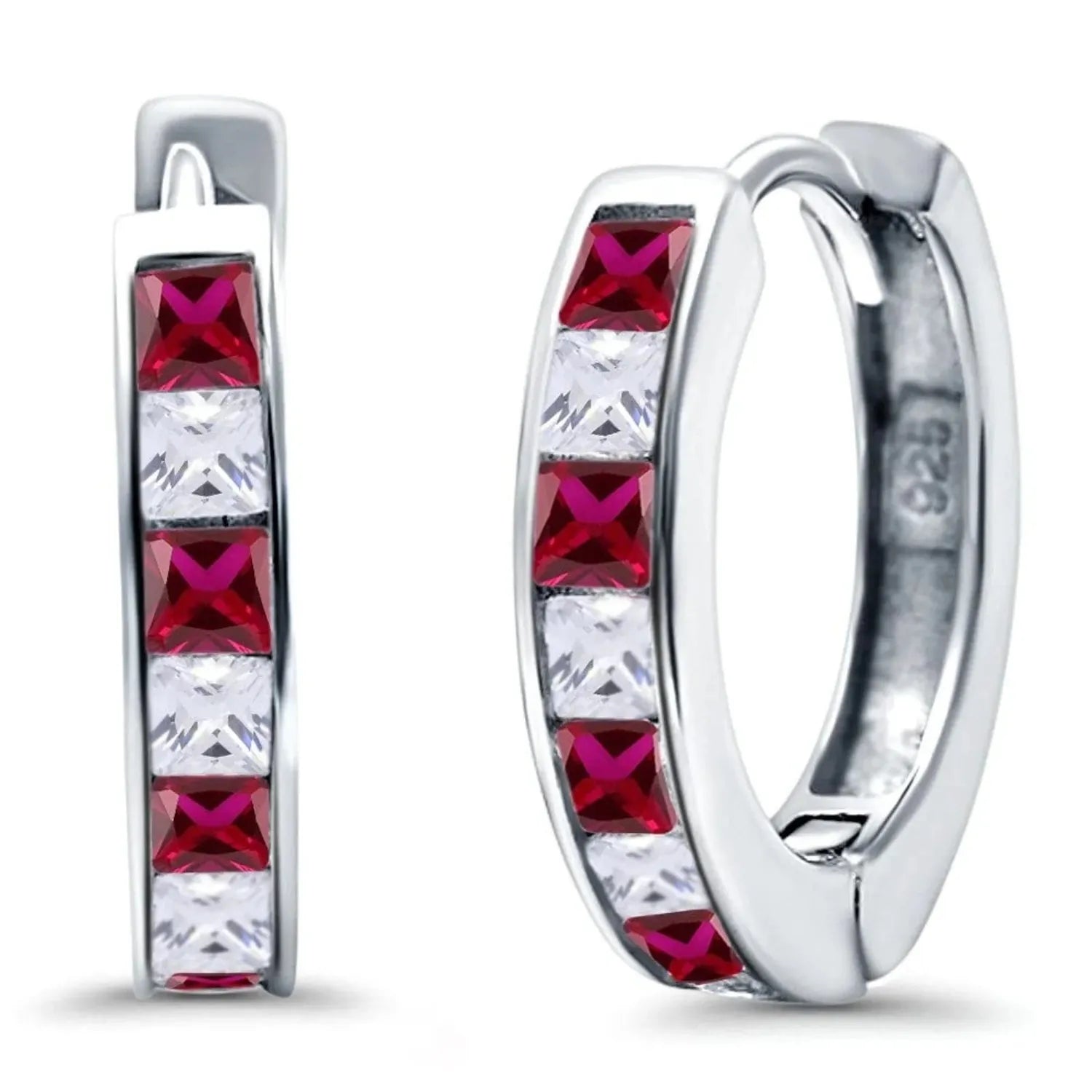 Silver Ruby CZ Half Hoop Earrings by Melchior Jewellery featuring alternating deep red ruby and clear cubic zirconia stones