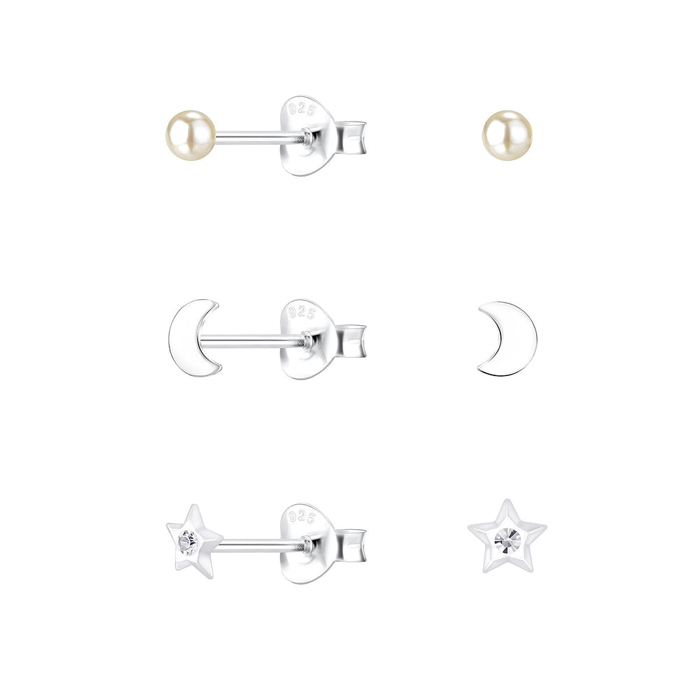 Melchior Jewellery silver star and moon earrings for girls with pearl studs set of three pairs