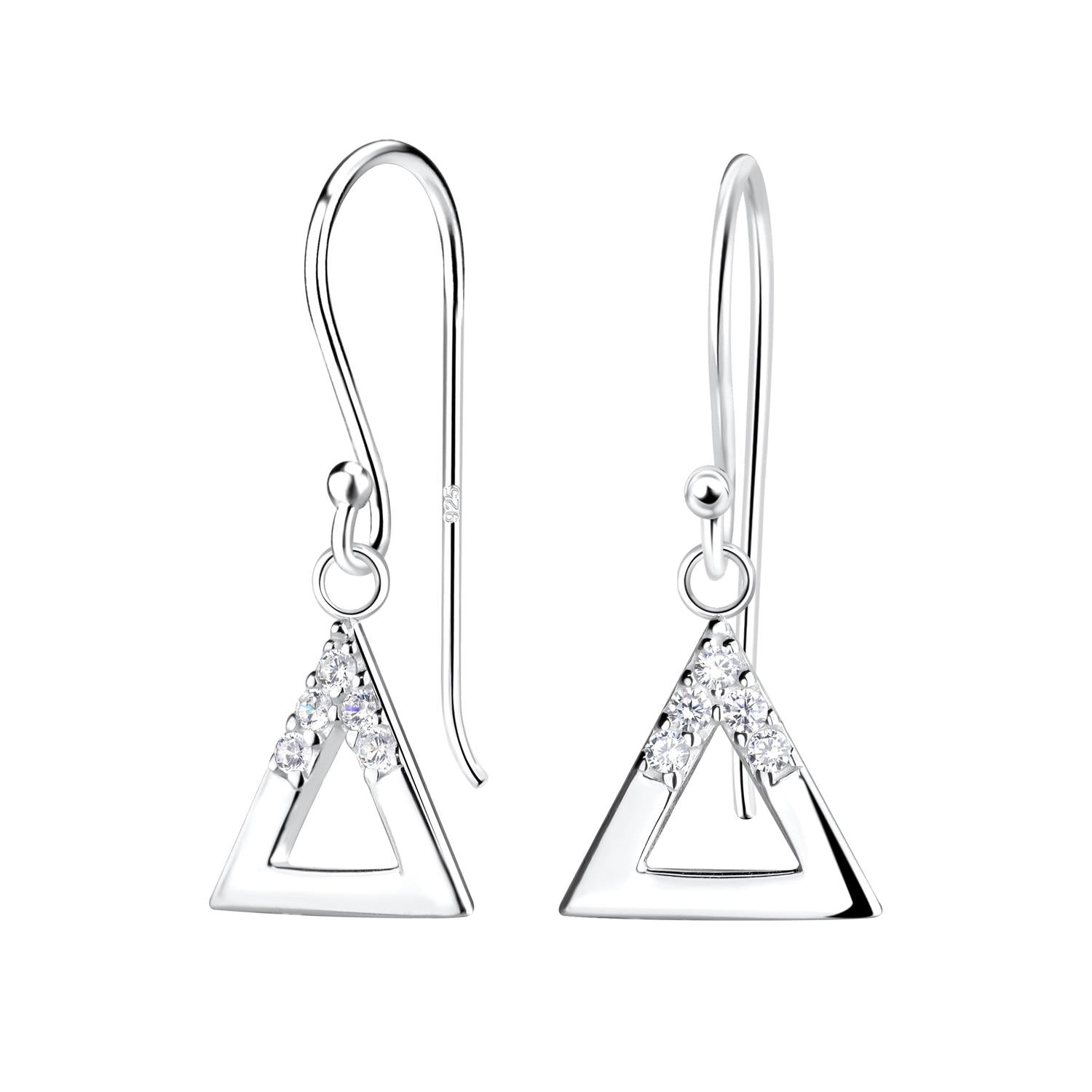 Melchior Jewellery silver triangle dangle earrings with clear sparkling crystals on polished silver hooks