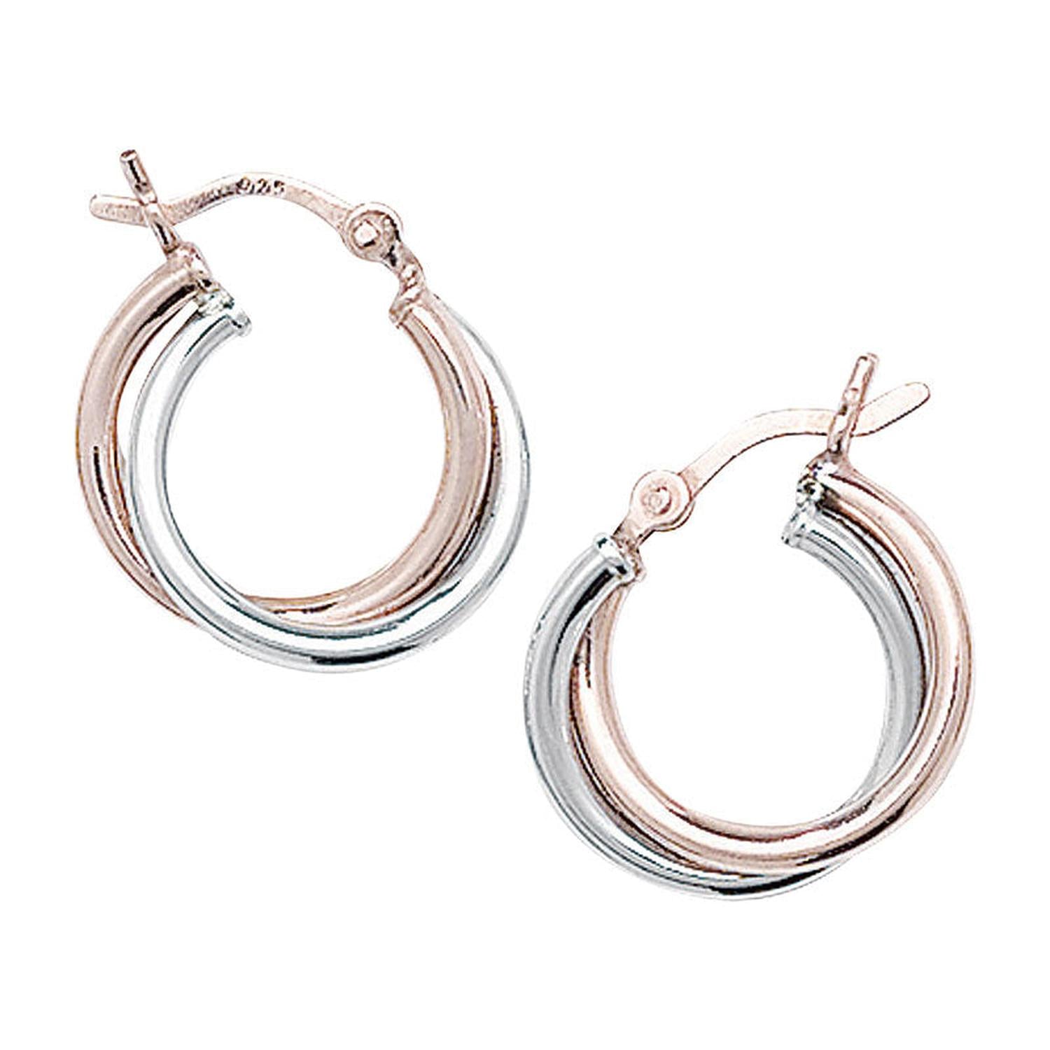 Melchior Jewellery silver two tone hoop earrings featuring polished silver and rose gold tones with secure latch back closure