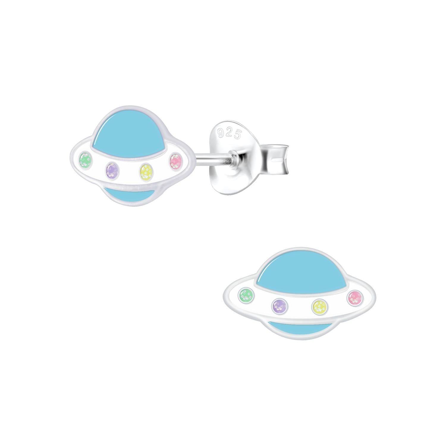 Melchior Jewellery Silver UFO Stud Earrings with blue enamel and multicolour gemstone details