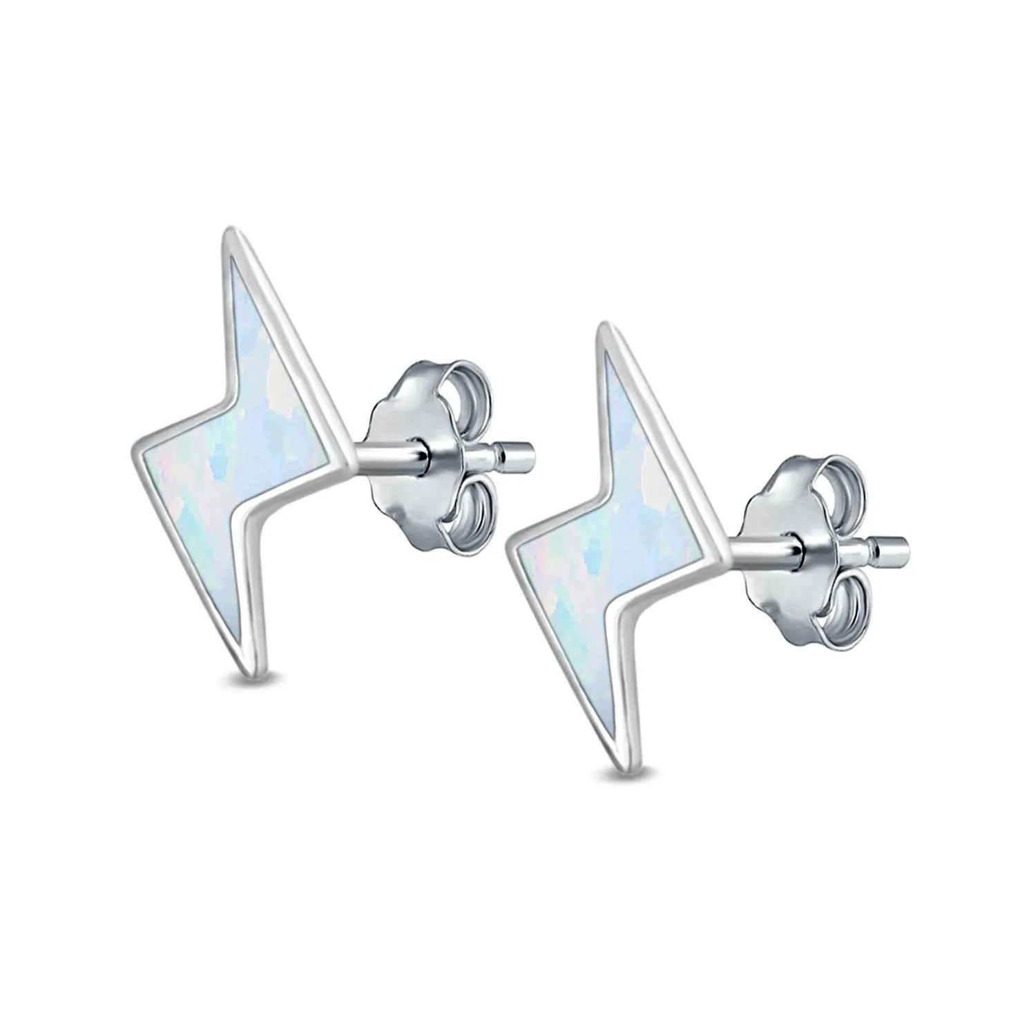 Silver White Opal Lightning Bolt Stud Earrings by Melchior Jewellery with iridescent opal in a sleek silver setting
