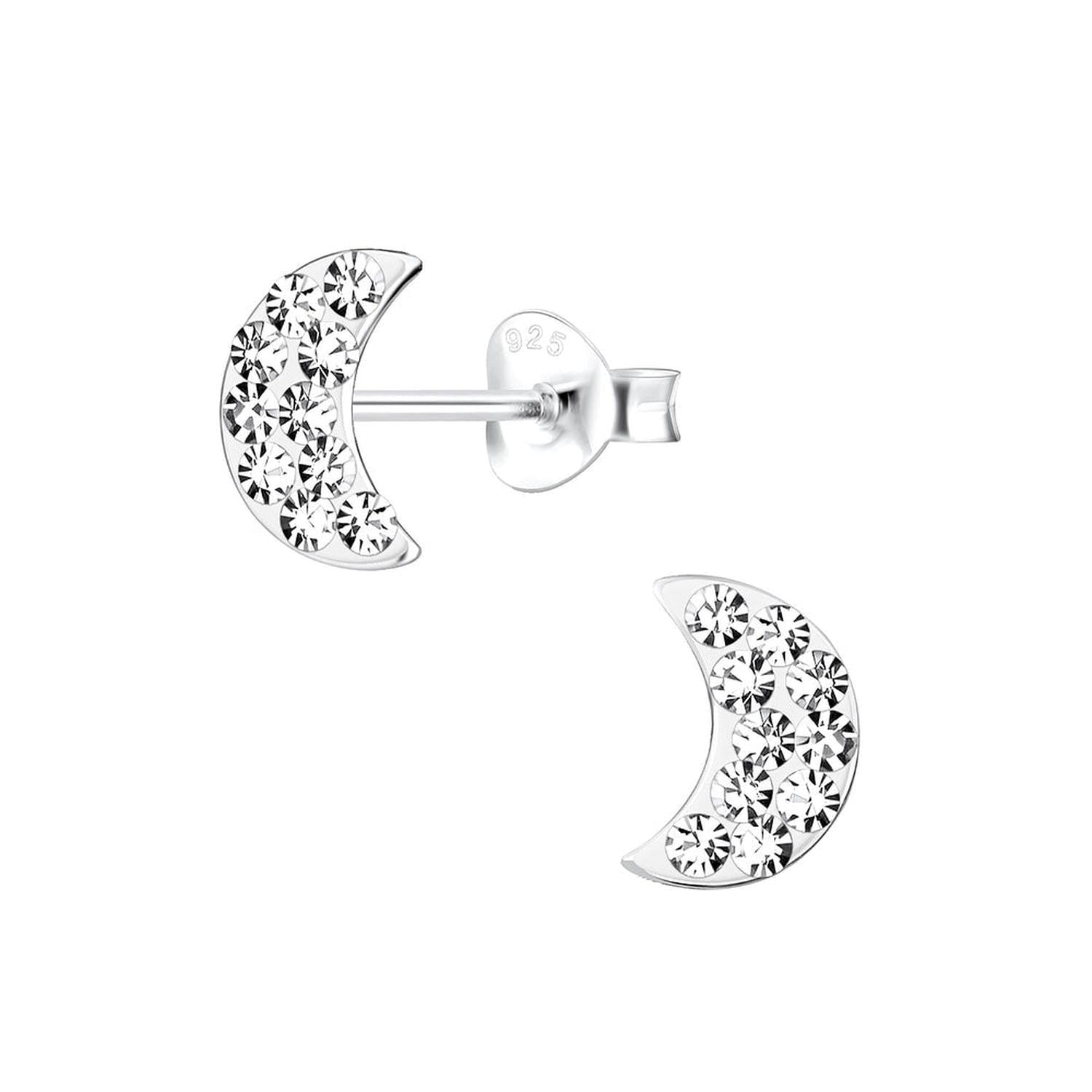 Melchior Jewellery small crescent moon earrings adorned with sparkling crystals in silver finish
